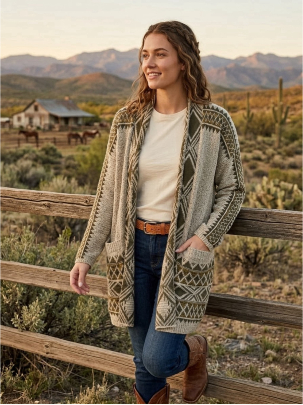 Lucky Brand Aztec Boho Open Cardigan Sweater L Pockets Western Rodeo Cowgirl